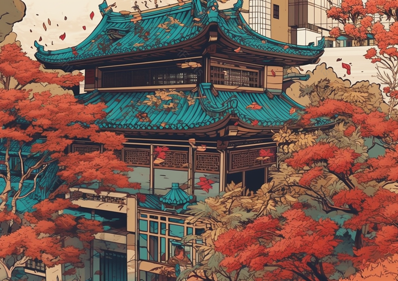 中国国潮国风新中式古风建筑阁楼枫树树叶漫天飞舞室外风景场景背景插画,插画/手绘图,插画/手绘图库,插画/手绘图下载,插画/手绘